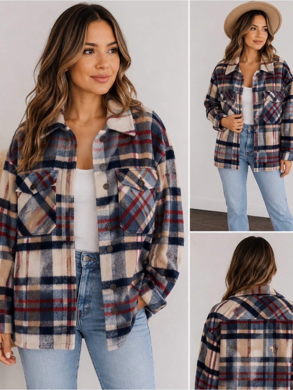 ZARA Plaid Shacket Wool Blend Button Front Overshirt Beige Blue